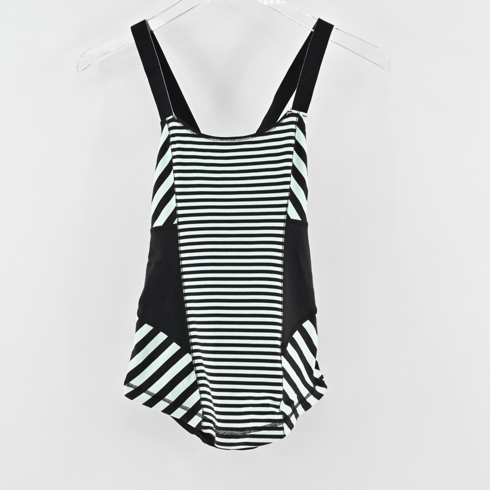 Lululemon Womens Work It Out Tank Top Size 4 Black Mint Green Stripe Logo Active